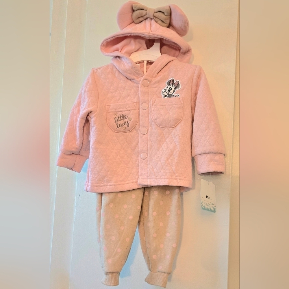 Disney Pink and Cream Quilted Sweater Pant Set Baby 6/9 Months